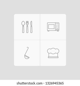 Set of 4 culinary icons line style set. Collection of silverware, chef cap, scoop and other elements.
