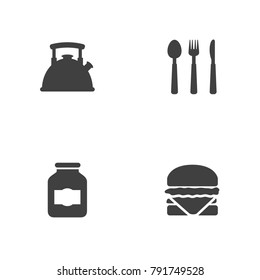Set Of 4 Culinary Icons Set.Collection Of Sandwich, Jar , Silverware Elements.