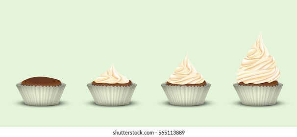 Set of 4 cupcakes in one line in tins. Starting without the cream and ending with ascending three-tier cream. The green background. 3D simulation
