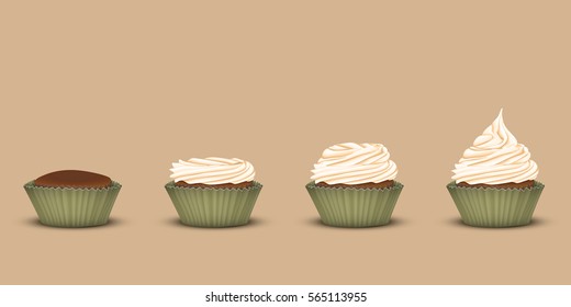 Set of 4 cupcakes in one line in tins. Starting without the cream and ending with ascending three-tier cream. Brown background. 3D simulation
