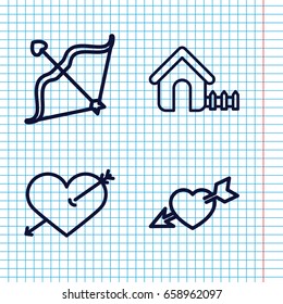 Set of 4 cupid outline icons such as house, heart with arrow