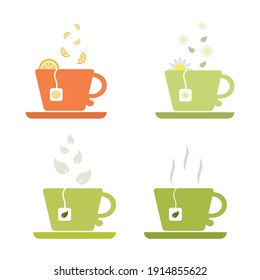 Set of 4 cups of fruit and herbal tea. Green and orange circles. Tea with leaf, chamomile, orange