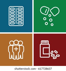 set of 4 cure outline icons such as pill, medicine