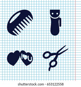 Set of 4 cut filled icons such as comb, electric razor, barber scissors