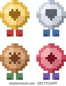 Set of 4 cute 8-bit pixel art achievement badges in voxel block style: gold star, silver shield, bronze gear, and ruby diamond medals with ribbon tails. Isolated vector illustration with transparent background, perfect for game UI, achievement icons, level rewards, sticker sets, and retro gaming themed projects.