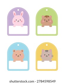 Set of 4 cute animal name tags and gift label templates featuring a rabbit, squirrel, bear, and cat. Suitable for children's school name tags and stationery decorations.