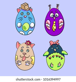 Set with 4 cute animals in a shape of Easter Eggs. There are a cat with a box, an owl with a tie, a dog with a flower and a penguin with a bow