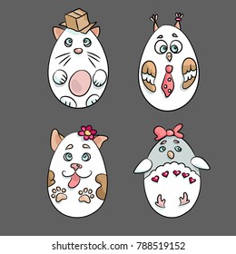 Set with 4 cute animals in a shape of Eatser Eggs. There are a cat with a box, an owl with a tie, a dog with a flower and a pinguin with a bow. The image is made in white and pastel light colors