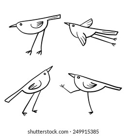 Set of 4 cute birds isolated in white in vector. Cartoon funny little birds.