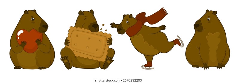 Set of 4 cute capybaras. Adorable animal from South America. Giant hamster. Ice skating, eating cookies. Vector illustration isolated on transparent background.