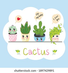 El conjunto de 4 lindos cactus de dibujos animados suculentos plantas en ollas y mensajes de amor se pueden usar para tarjetas de invitación, saludos o pegatinas. aislado de fondo blanco. vector de ilustración.