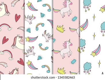Set of 4 Cute Cartoon Fun Childish Patterns.Unicorn, Mermaid Pattern Texture Background. Unicorn Seamless pattern isolated on white background. Cute Cartoon Unicorn textile pattern print.