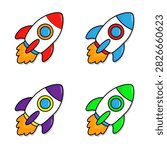 Set of 4 cute cartoon rockets in red, blue, purple, green with flame
