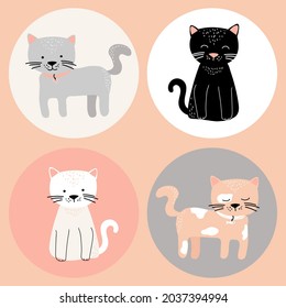 Set of 4 cute cats in rounds. HOME PET. Vector illustration. Isolated on beige. Baby print