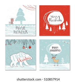 Set of 4 cute Christmas cards with quote. It is perfect for winter holiday invitations, blog banners, fabric print, desktop and phone wallpapers, t-shirts, gift tags, decoupage, scrapbook.