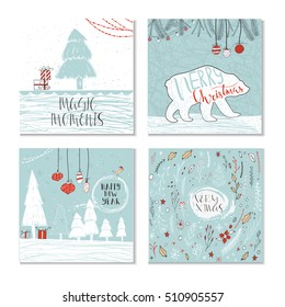 Set of 4 cute Christmas cards with quote. It is perfect for winter holiday invitations, blog banners, fabric print, desktop and phone wallpapers, t-shirts, gift tags, decoupage, scrapbook.