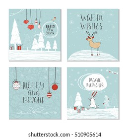 Set of 4 cute Christmas cards with quote. It is perfect for winter holiday invitations, blog banners, fabric print, desktop and phone wallpapers, t-shirts, gift tags, decoupage, scrapbook.