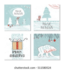 Set of 4 cute Christmas cards with quote. It is perfect for winter holiday invitations, blog banners, fabric print, desktop and phone wallpapers, t-shirts, gift tags, decoupage, scrapbook.