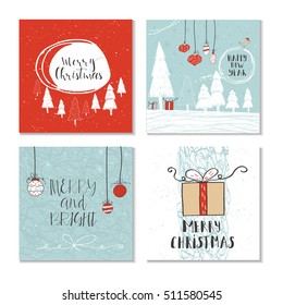 Set of 4 cute Christmas cards with quote. It is perfect for winter holiday invitations, blog banners, fabric print, desktop and phone wallpapers, t-shirts, gift tags, decoupage, scrapbook.