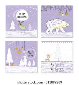 Set of 4 cute Christmas cards with quote. It is perfect for winter holiday invitations, blog banners, fabric print, desktop and phone wallpapers, t-shirts, gift tags, decoupage, scrapbook.