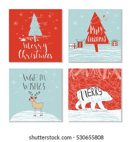 Set of 4 cute Christmas cards with quote. It is perfect for winter holiday invitations, blog banners, fabric print, desktop and phone wallpapers, t-shirts, gift tags, decoupage, scrapbook.