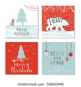 Set of 4 cute Christmas cards with quote. It is perfect for winter holiday invitations, blog banners, fabric print, desktop and phone wallpapers, t-shirts, gift tags, decoupage, scrapbook.