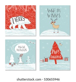 Set of 4 cute Christmas cards with quote. It is perfect for winter holiday invitations, blog banners, fabric print, desktop and phone wallpapers, t-shirts, gift tags, decoupage, scrapbook.