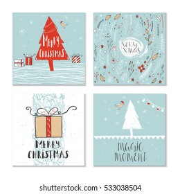 Set of 4 cute Christmas cards with quote. It is perfect for winter holiday invitations, blog banners, fabric print, desktop and phone wallpapers, t-shirts, gift tags, decoupage, scrapbook.