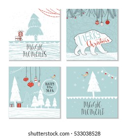 Set of 4 cute Christmas cards with quote. It is perfect for winter holiday invitations, blog banners, fabric print, desktop and phone wallpapers, t-shirts, gift tags, decoupage, scrapbook.