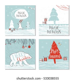 Set of 4 cute Christmas cards with quote. It is perfect for winter holiday invitations, blog banners, fabric print, desktop and phone wallpapers, t-shirts, gift tags, decoupage, scrapbook.