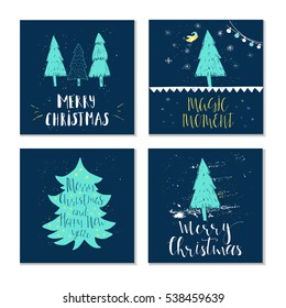 Set of 4 cute Christmas cards with quote. It is perfect for winter holiday invitations, blog banners, fabric print, desktop and phone wallpapers, t-shirts, gift tags, decoupage, scrapbook.