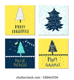 Set of 4 cute Christmas cards with quote. It is perfect for winter holiday invitations, blog banners, fabric print, desktop and phone wallpapers, t-shirts, gift tags, decoupage, scrapbook. 