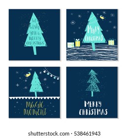 Set of 4 cute Christmas cards with quote. It is perfect for winter holiday invitations, blog banners, fabric print, desktop and phone wallpapers, t-shirts, gift tags, decoupage, scrapbook. 