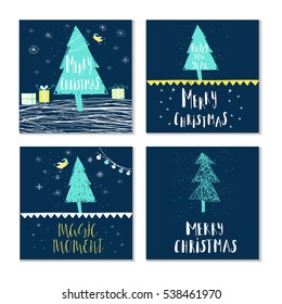 Set of 4 cute Christmas cards with quote. It is perfect for winter holiday invitations, blog banners, fabric print, desktop and phone wallpapers, t-shirts, gift tags, decoupage, scrapbook. 