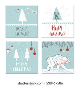 Set of 4 cute Christmas cards with quote. It is perfect for winter holiday invitations, blog banners, fabric print, desktop and phone wallpapers, t-shirts, gift tags, decoupage, scrapbook. 