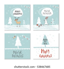 Set of 4 cute Christmas cards with quote. It is perfect for winter holiday invitations, blog banners, fabric print, desktop and phone wallpapers, t-shirts, gift tags, decoupage, scrapbook. 