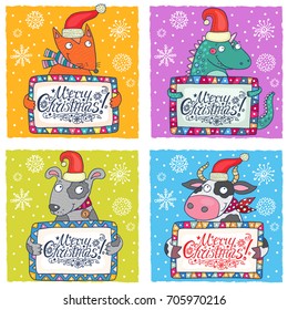 Set of 4 cute christmas cards templates with animals: fox, dinosaur, dog and cow