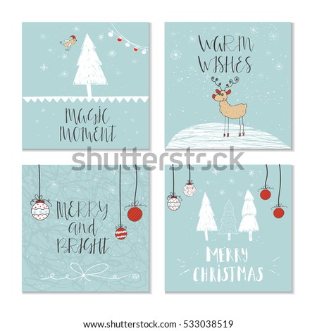 Set of 4 cute Christmas cards with quote. It is perfect for winter holiday invitations, blog banners, fabric print, desktop and phone wallpapers, t-shirts, gift tags, decoupage, scrapbook.