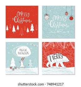 Set of 4 cute Christmas gift cards with animals, lettering quote Merry Christmas. Hand drawn  illustration for postcard design, poster, t-shirt, banner, holiday invitation, scrapbook. Perfect vector.