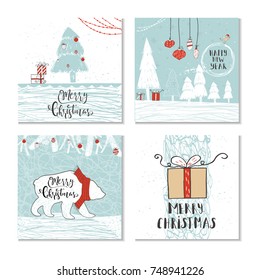 Set of 4 cute Christmas gift cards with animals, lettering quote Merry Christmas. Hand drawn  illustration for postcard design, poster, t-shirt, banner, holiday invitation, scrapbook. Perfect vector.