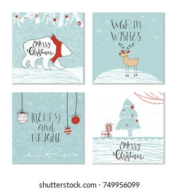 Set of 4 cute Christmas gift cards with animals, lettering quote Merry Christmas  Hand drawn  illustration for postcard design, poster, t-shirt, banner, holiday invitation, scrapbook. Perfect vector.