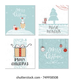 Set of 4 cute Christmas gift cards with animals, lettering quote Merry Christmas. Hand drawn  illustration for postcard design, poster, t-shirt, banner, holiday invitation, scrapbook. Perfect vector.