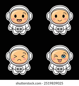 a set of 4 cute and colorful stickers in the same style with a white outline with an astronaut, which represent four different emotions in vector