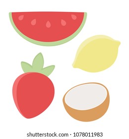 Set of 4 cute, colorful summer fruits, including a watermelon slice, a lemon, a strawberry, and half of a coconut.  Transparent background in vector file.