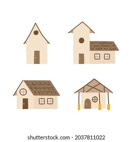 Set of 4 cute doodle houses in beige and brown colors. Simple hand-drawn vector illustrations isolated on white background.