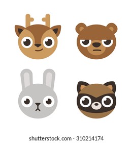 Set of 4 cute forest animal heads: deer, bear, rabbit and raccoon. Flat cartoon style.