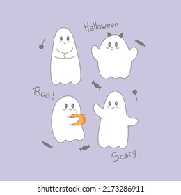 Set of 4 cute ghost with their halloween costumes and sweets. Clip art of ghosts illustration for kids, cute simple art. Vectors for works with theme of halloween.