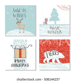 Set of 4 cute gift cards and hand drawn Christmas lettering. Can be used as poster with quote, T-shirt design or home decor element. Vector typography. Easy editable template.
