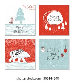 Set of 4 cute gift cards and hand drawn Christmas lettering. Can be used as poster with quote, T-shirt design or home decor element. Vector typography. Easy editable template.