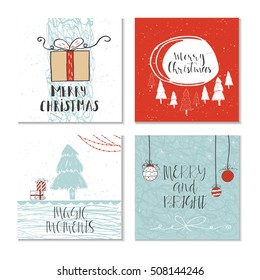 Set of 4 cute gift cards and hand drawn Christmas lettering. Can be used as poster with quote, T-shirt design or home decor element. Vector typography. Easy editable template.